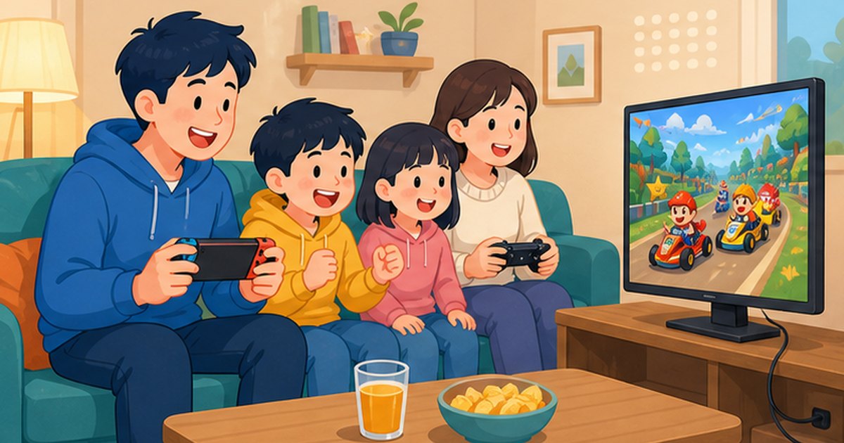 リビングで家族が携帯ゲーム機を囲んで楽しく遊ぶイメージイラスト