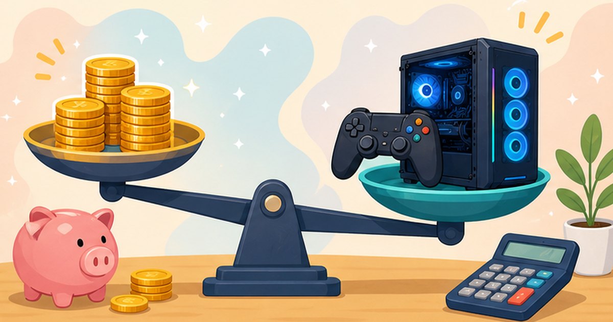 ゲーム機とパソコンの費用を天秤にかけて比較するイメージイラスト