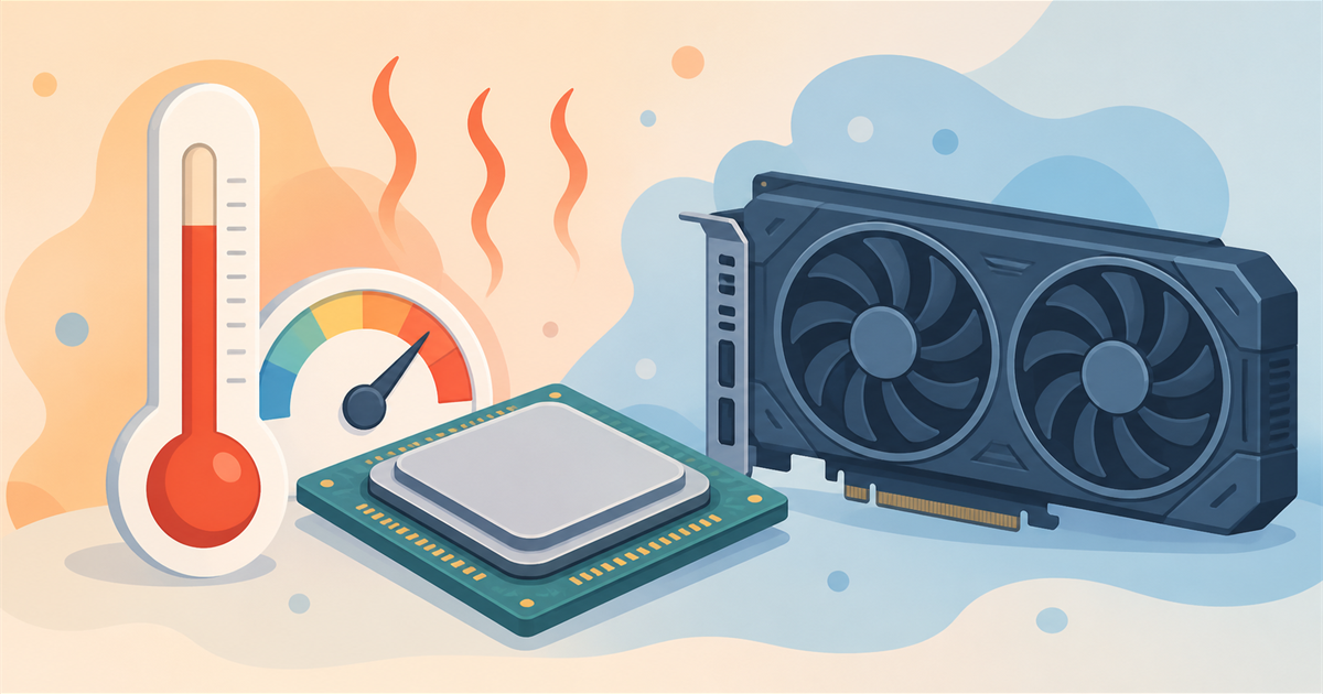 CPUとGPUのそばで赤いゾーンを指す温度計のイラスト