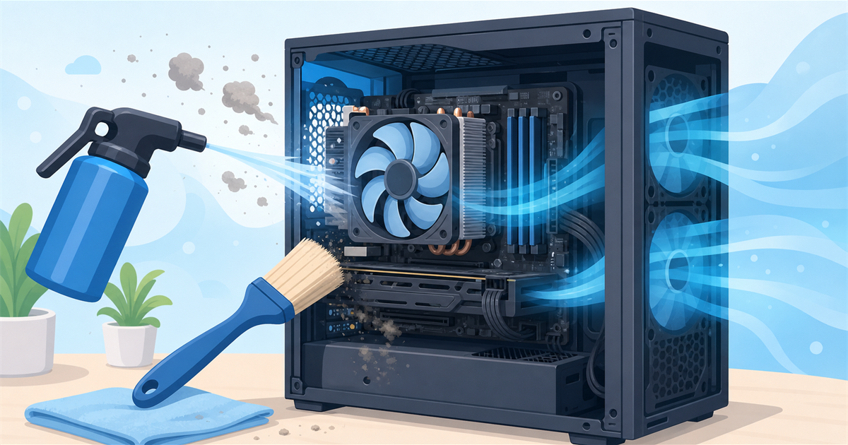PC内部のホコリを掃除して風通しを良くするイラスト