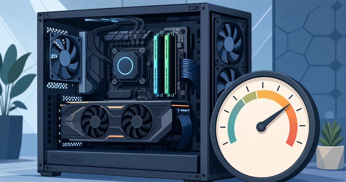 ゲーミングPCのパーツと性能ゲージのイメージイラスト