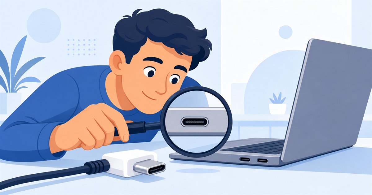 ノートPCの側面ポートを確認している人のイラスト