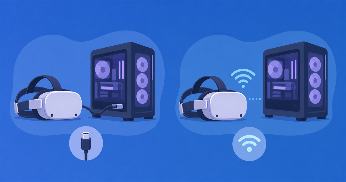 Quest 3とPCをつなぐ有線と無線（Air Link）のイメージ