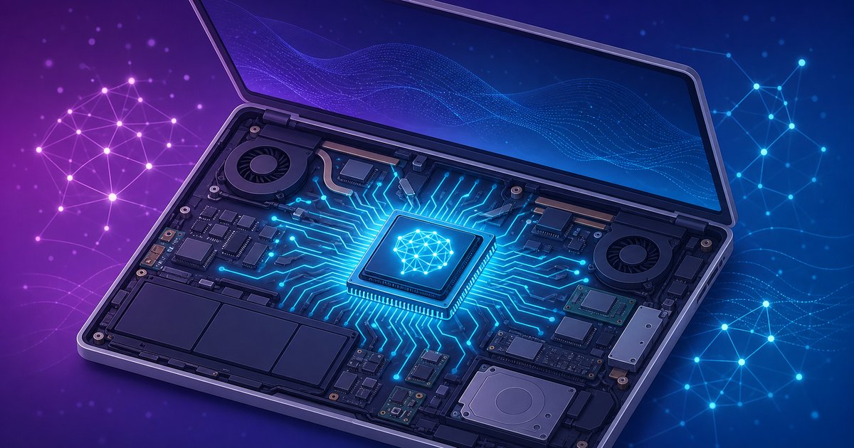 ノートPCの内部でAI処理用のチップが光るイメージ