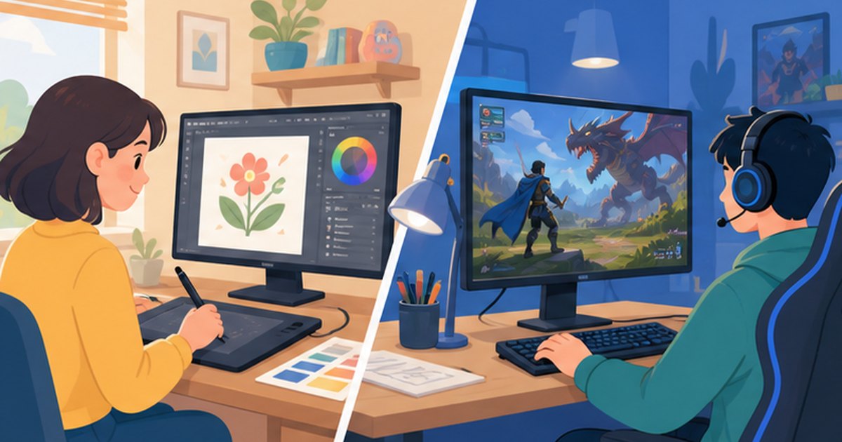 クリエイティブ作業をする人とゲームを楽しむ人のイメージ