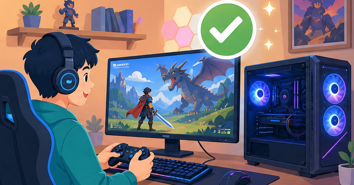ゲーミングPCでゲームを楽しむ人と大きなチェックマークのイメージイラスト