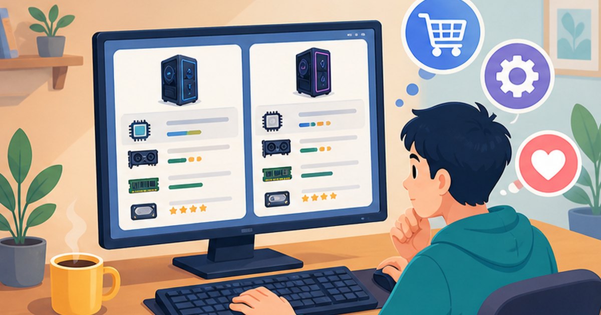 BTOパソコンの購入画面でOSの選択に悩む人のイメージイラスト