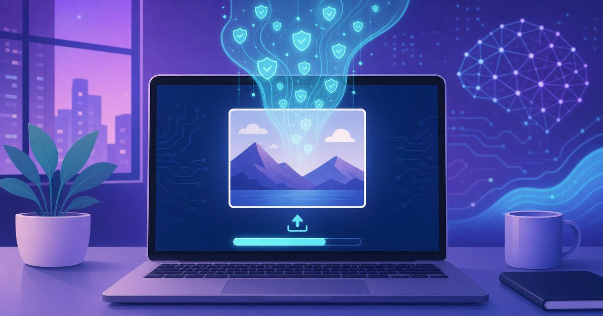 ノートPCにアップロードした画像から透かしが浮かび上がるイメージ