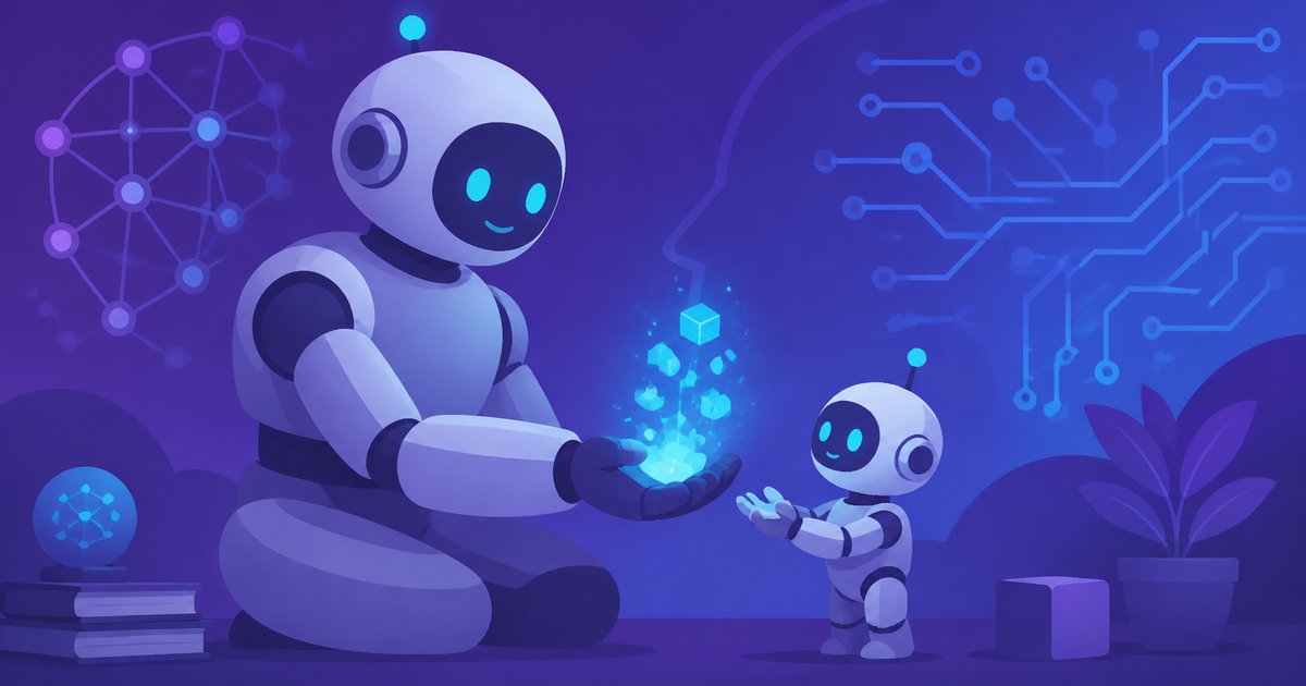 大きなロボットが小さなロボットへ光の粒を手渡している、教師モデルと生徒モデルのイメージ