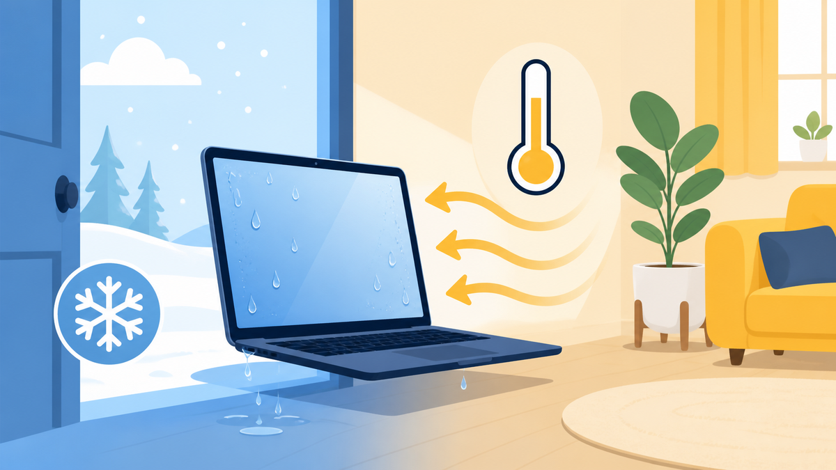 冷えたパソコンが暖かい部屋へ移動して結露する仕組みのイラスト