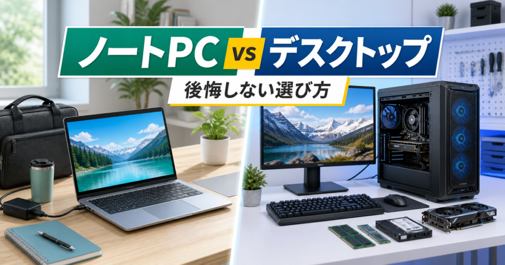 ノートPCとデスクトップの違いを比較したイメージ