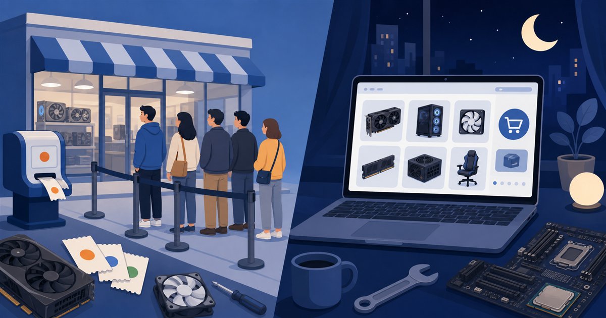 店頭の整理券とネット通販それぞれの買い方をイメージしたイラスト