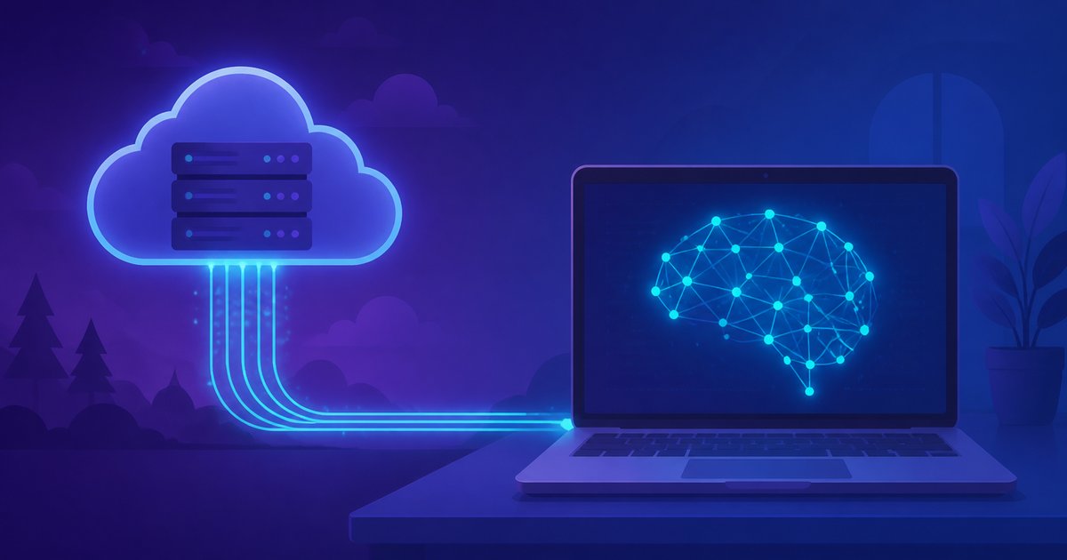 クラウドで動くAIと手元のPCで動くAIを左右で対比したイメージ