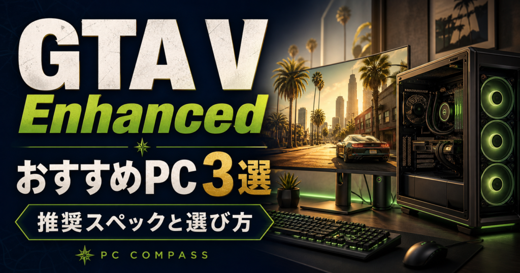 GTA5 Enhancedの推奨スペックとPC選びを説明するオリジナルの都市とゲーミングPCのイメージ