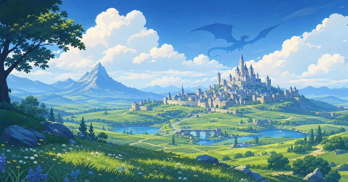 ドラゴンソード:アウェイクニングの世界観をイメージしたアニメ調ファンタジー風景のイラスト