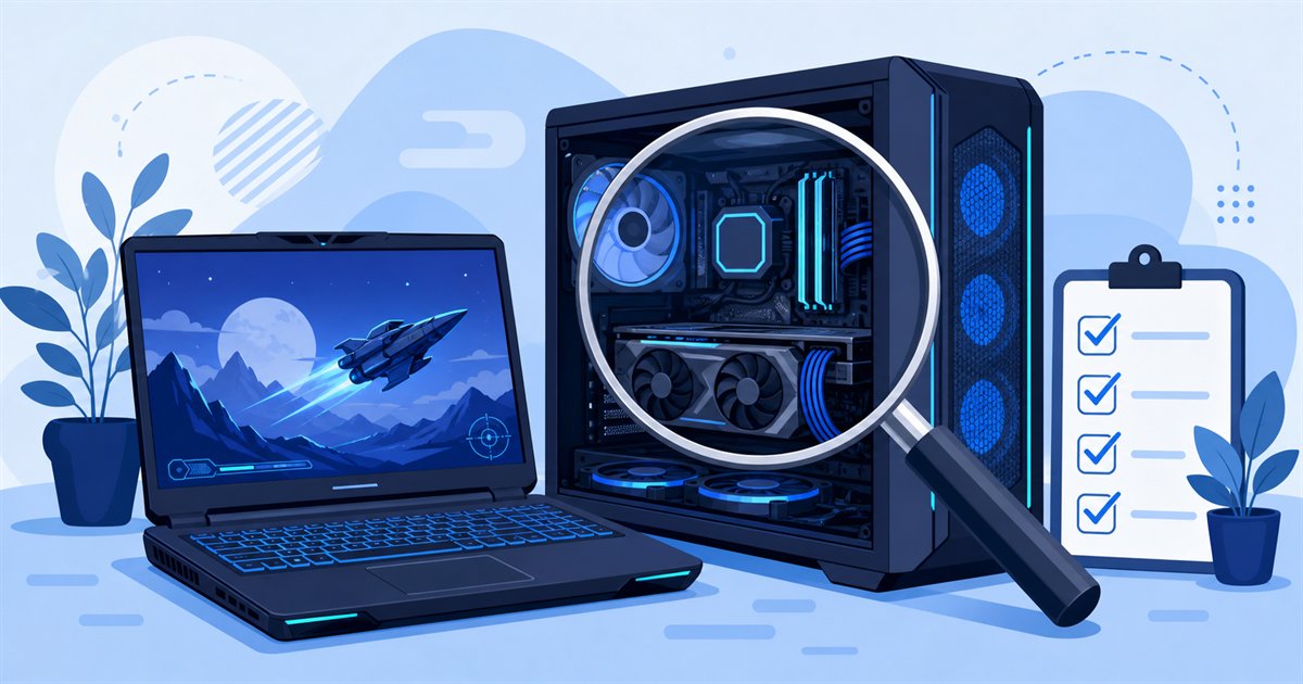 ノートPCや手持ちPCのスペック確認をイメージしたイラスト