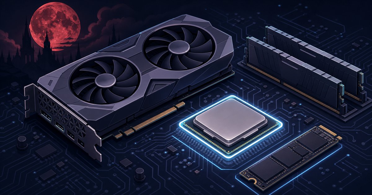 ドーンウォーカーで重要になるGPU・CPU・メモリ・SSDの役割を表したパーツのイラスト