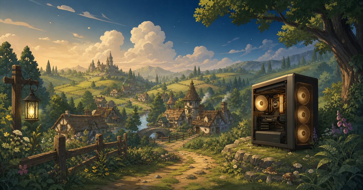 『Fable』の世界観をイメージした牧歌的な丘と村のイラスト