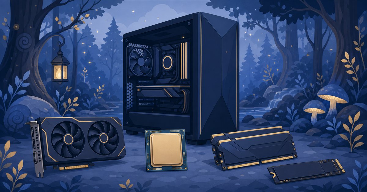 グラボやCPUなどPCパーツ選びのポイントを表すイラスト