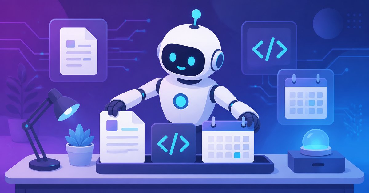自分で書類やコードのアイコンを並べ替えて作業を進めるAIアシスタントのイメージ
