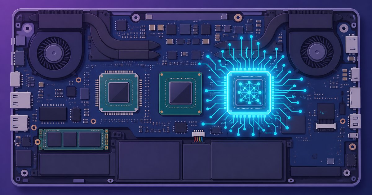 CPU・GPU・NPUの3つのチップが基板に並び、AI専用チップが光っているイメージ