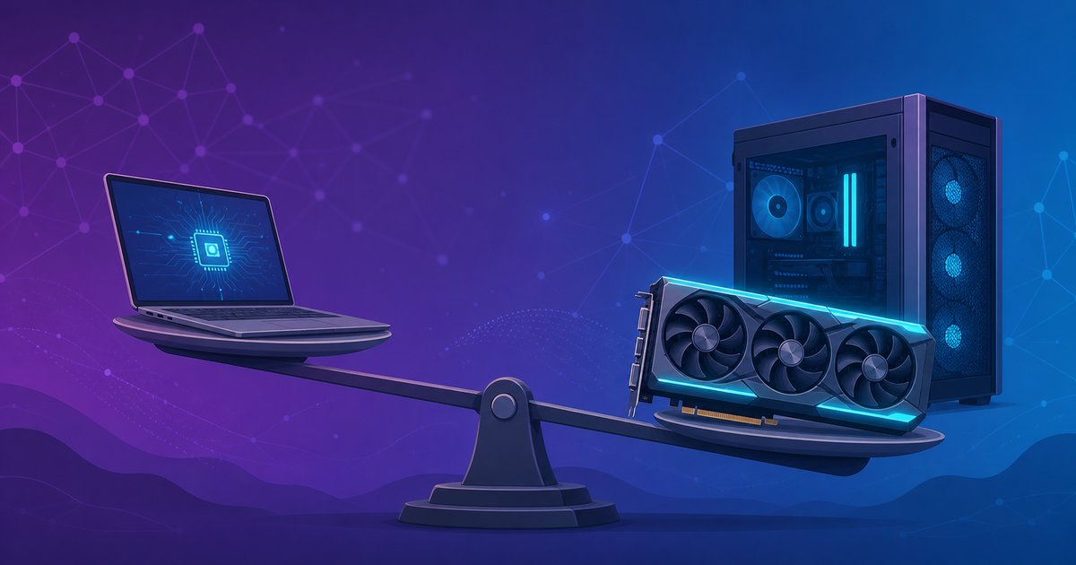 ノートPCのNPUとデスクトップのGPUを見比べているイメージ