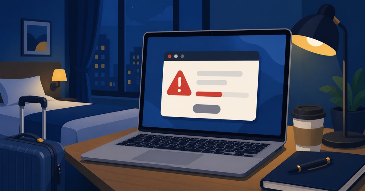 ホテルの机に置いたノートPCに、偽のブラウザ更新画面が表示されている様子のイラスト