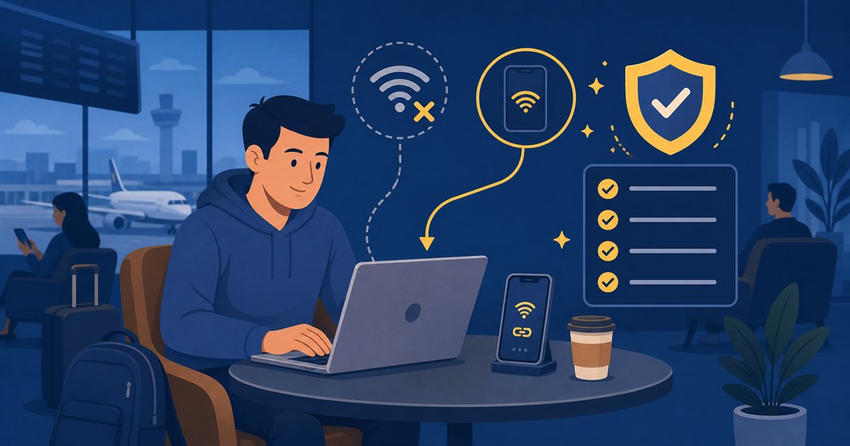 公共Wi-Fiからスマホのテザリングへ切り替える自衛策を表したイラスト