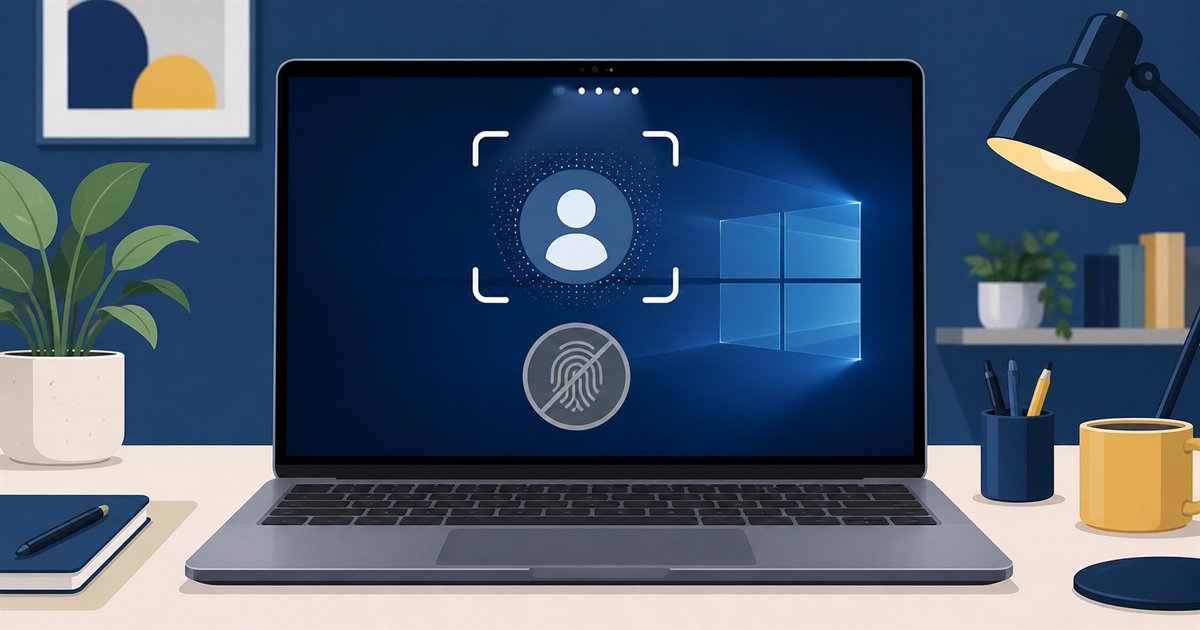 ノートPCのロック画面で顔認証のスキャン枠と指紋アイコンが反応していない様子のイラスト
