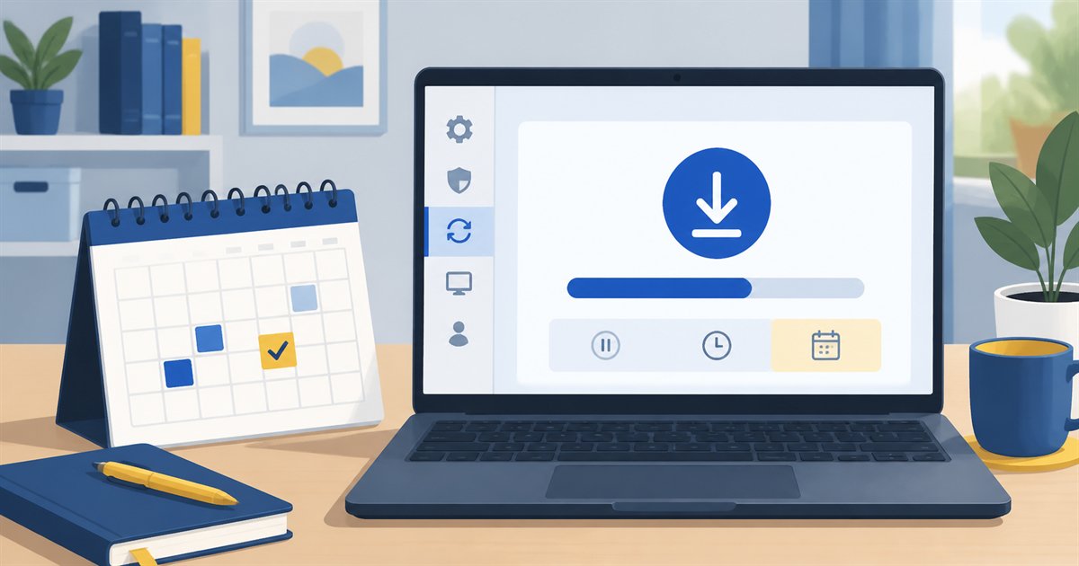 カレンダーとWindows Updateの画面を並べて更新を待つ判断を表したイラスト