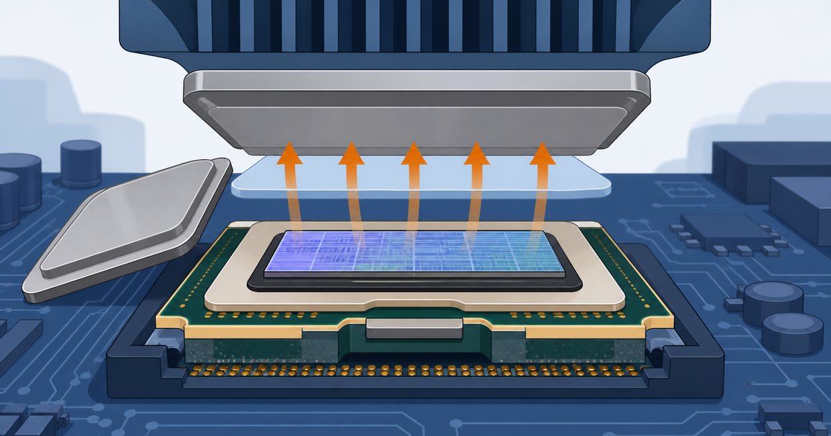 CPUのフタ(ヒートスプレッダ)と内部のダイ・熱伝導材の位置関係を示した断面イメージ