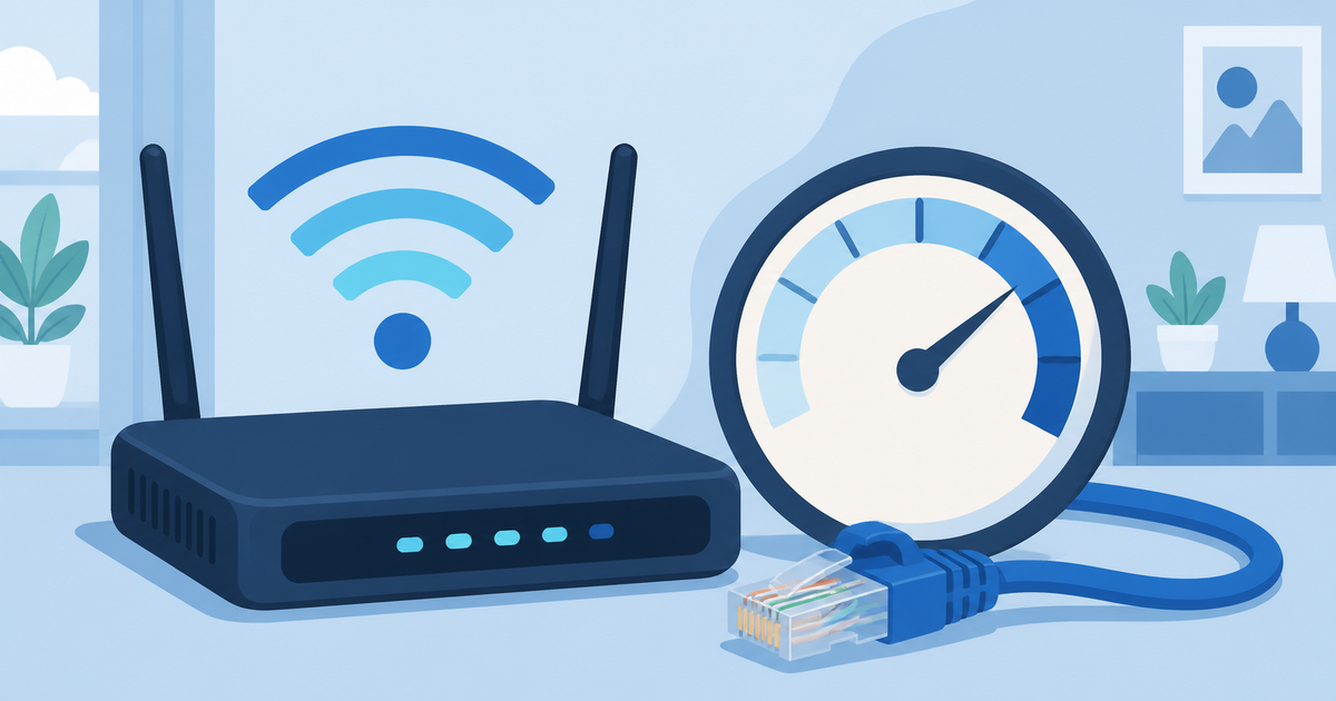 Wi-Fiルーターと速度メーターで回線速度の目安を表したイメージ