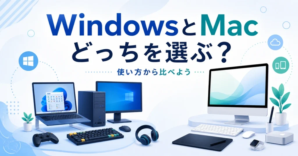 WindowsとMacの使い方を比較するパソコンのイラスト