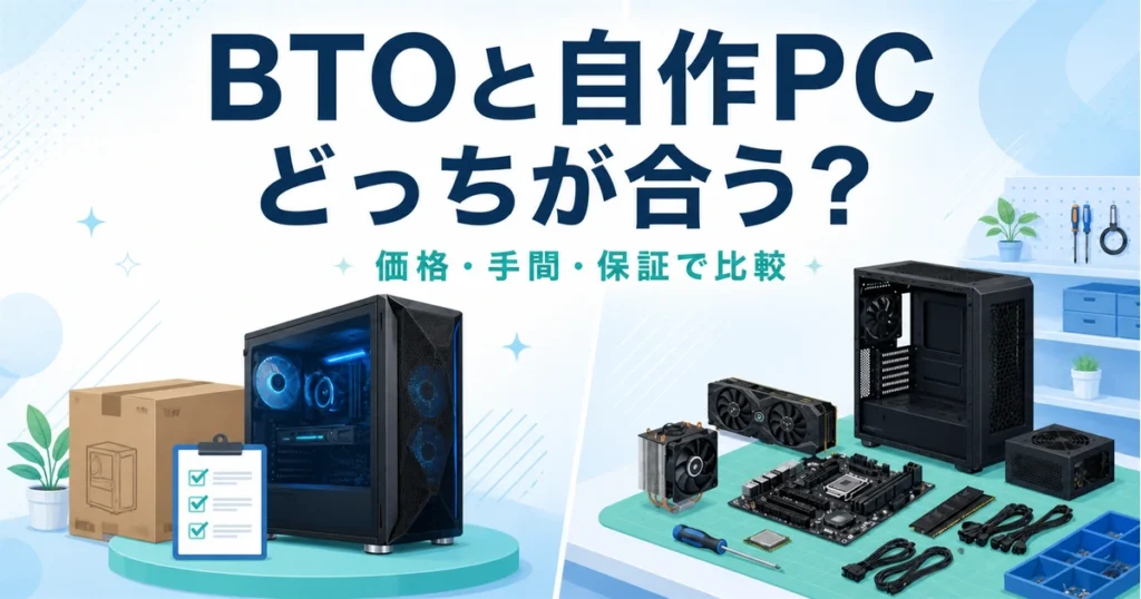 完成したBTOパソコンと自作PCのパーツを並べた比較イメージ