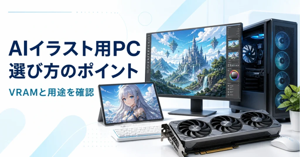 AIイラストの生成例とグラフィックボードを描いたPC選びのイメージ