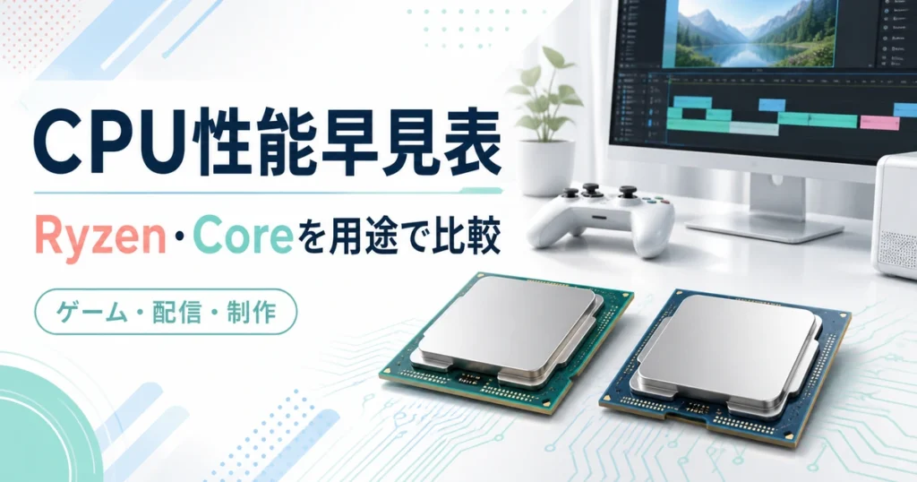 CPUチップとゲーム・動画制作環境を描いた、RyzenとCoreを用途で比較するイメージ