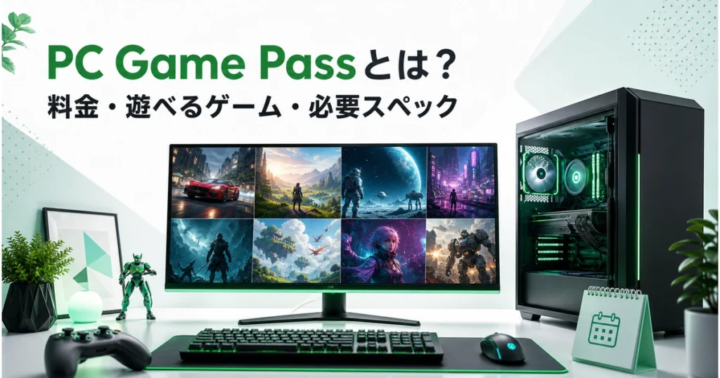 PC Game Passの料金・ゲーム・必要スペックを考えるイメージ。画面内は説明用のオリジナルゲーム風イラストで、実際の配信作品一覧ではありません