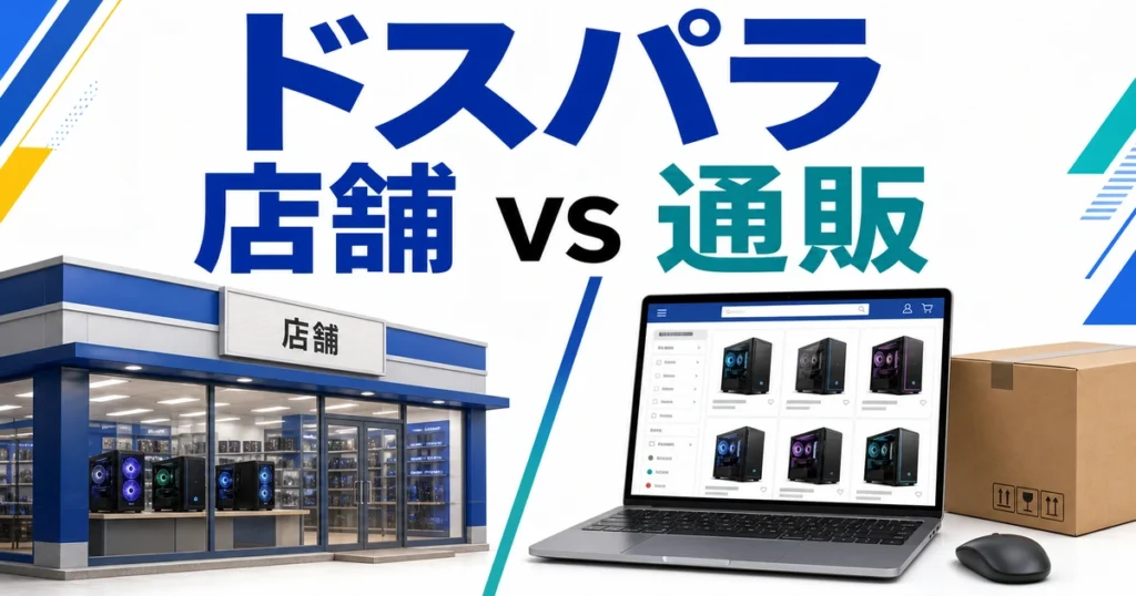 ドスパラの購入方法を、PCを展示する店舗とオンライン注文用のノートPCで比較するイメージ