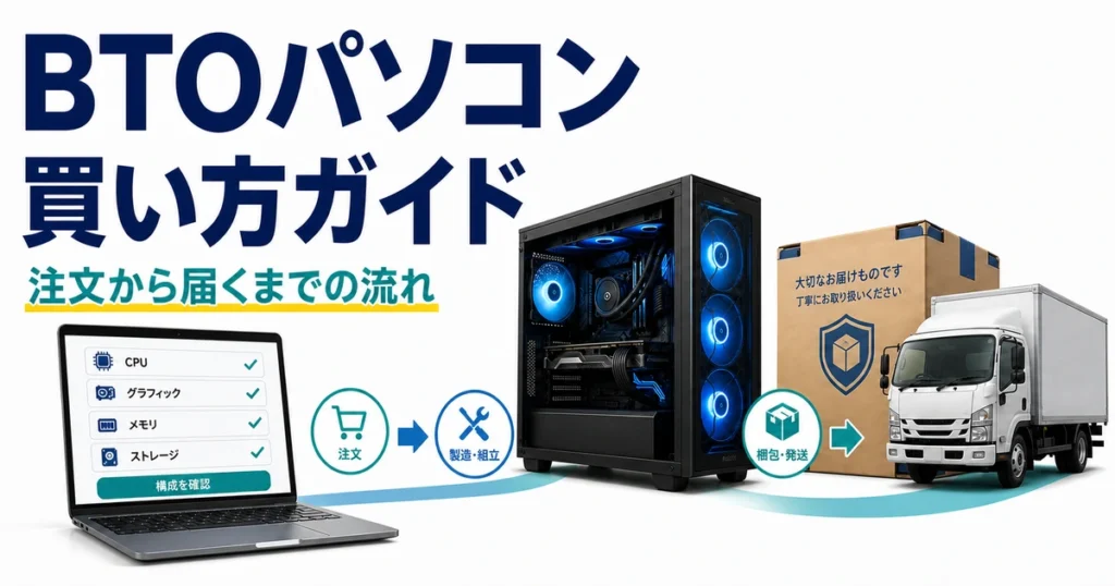 BTOパソコンの構成選びから注文、組み立て、梱包、配送までの流れを表すイラスト