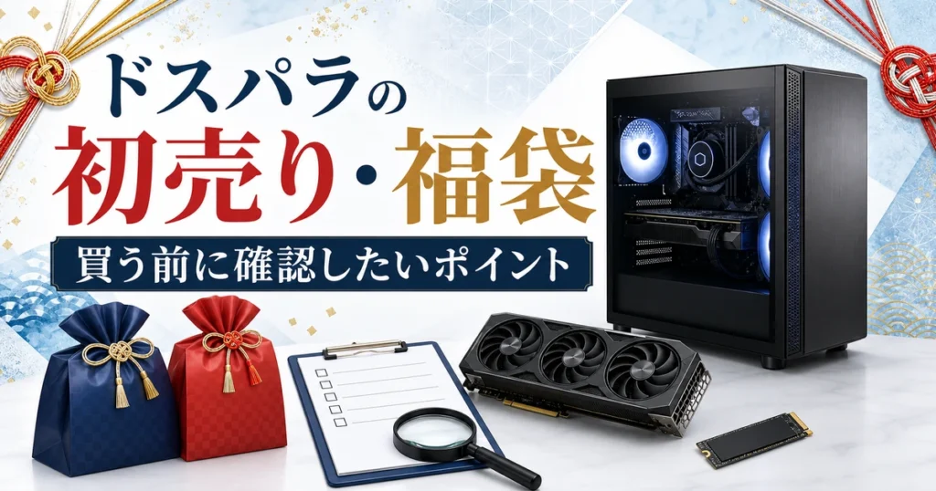 ゲーミングPCとパーツ、閉じた福袋を並べ、初売りの購入条件を確認するイメージ