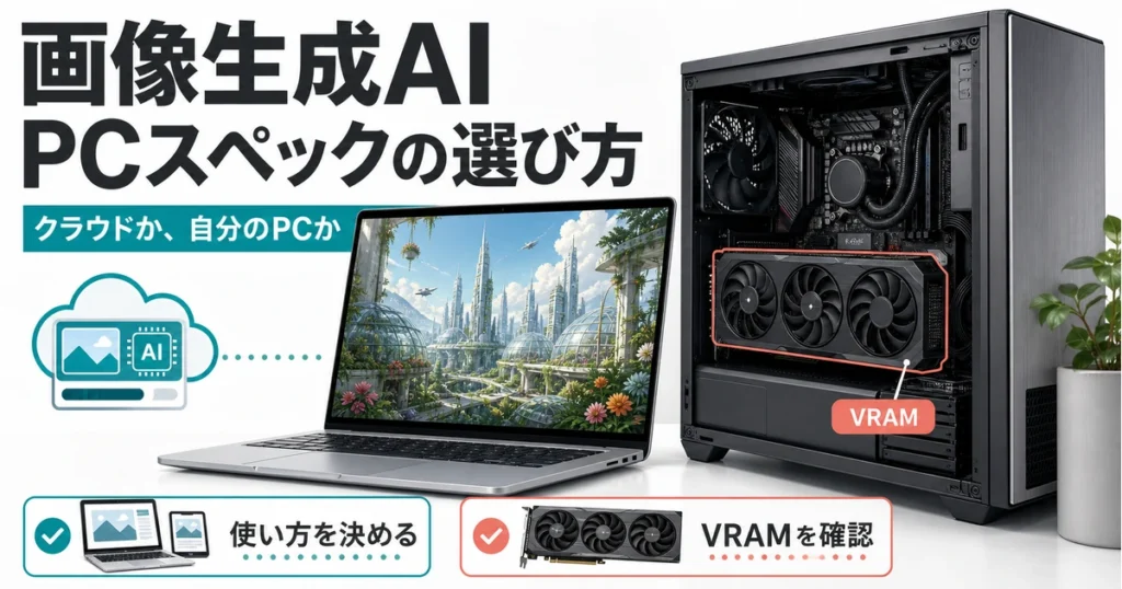 クラウドと自分のPCで画像生成する違いを表すノートPC・デスクトップ・GPUのイメージ図。実在商品の写真ではありません。