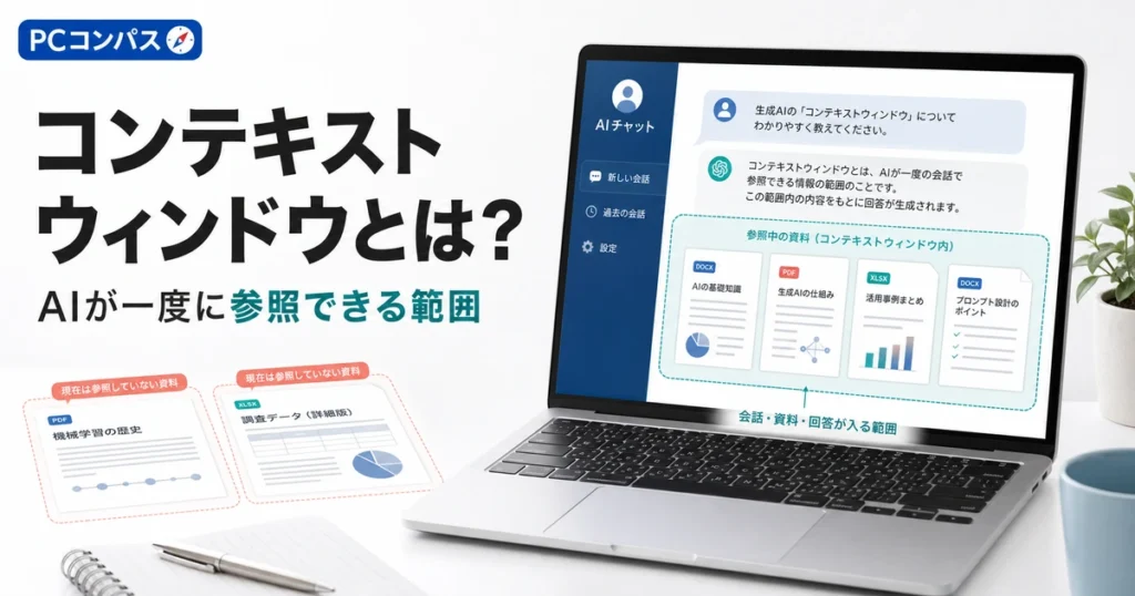 AIが一度に参照できる会話や資料の範囲を、ノートPCと資料で表したイメージ