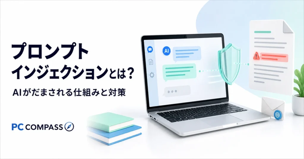 AIを表示したPC、注意マークのある外部文書、保護の盾でプロンプトインジェクションの仕組みと対策を表すイラスト