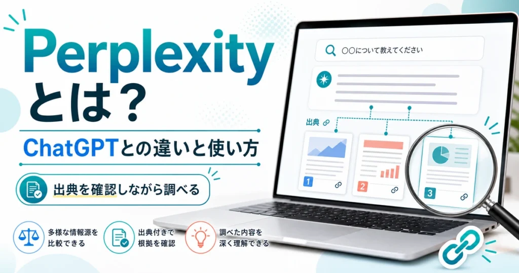ノートPCの回答と参照元の資料を虫眼鏡で確認し、PerplexityとChatGPTの違いを紹介するイメージ