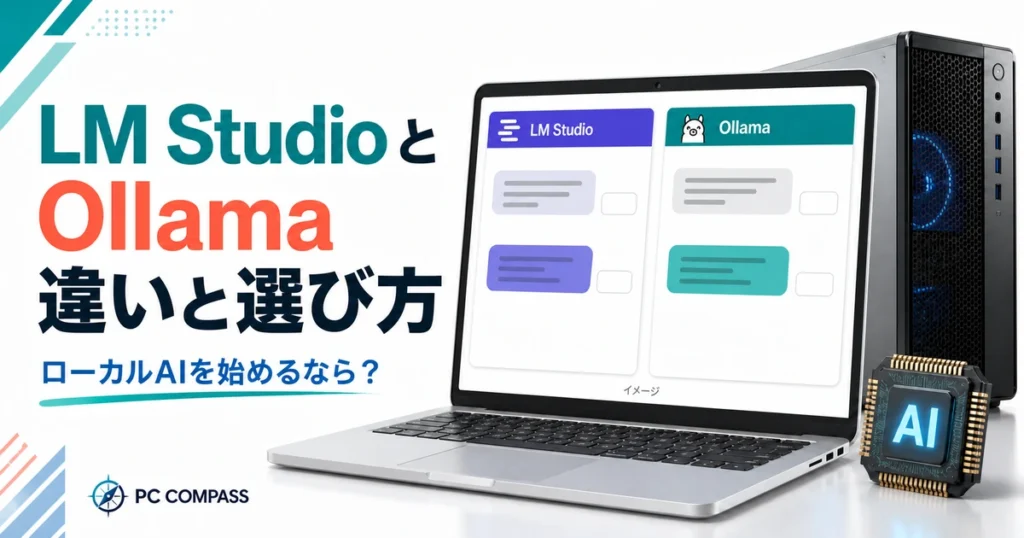 LM StudioとOllamaを表す画面イメージ、ノートPCとデスクトップPCでローカルAIツール比較を紹介するイラスト