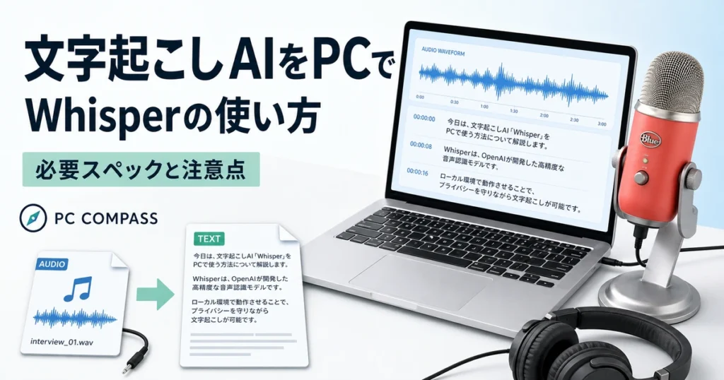 音声波形を文字に変えるノートPCとマイクでWhisperの文字起こしを紹介するイメージ