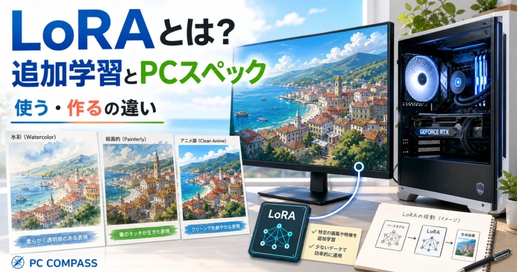 画風の異なる街並みのイラストと画像生成用PCでLoRAの役割を紹介するイメージ