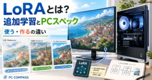 画風の異なる街並みのイラストと画像生成用PCでLoRAの役割を紹介するイメージ