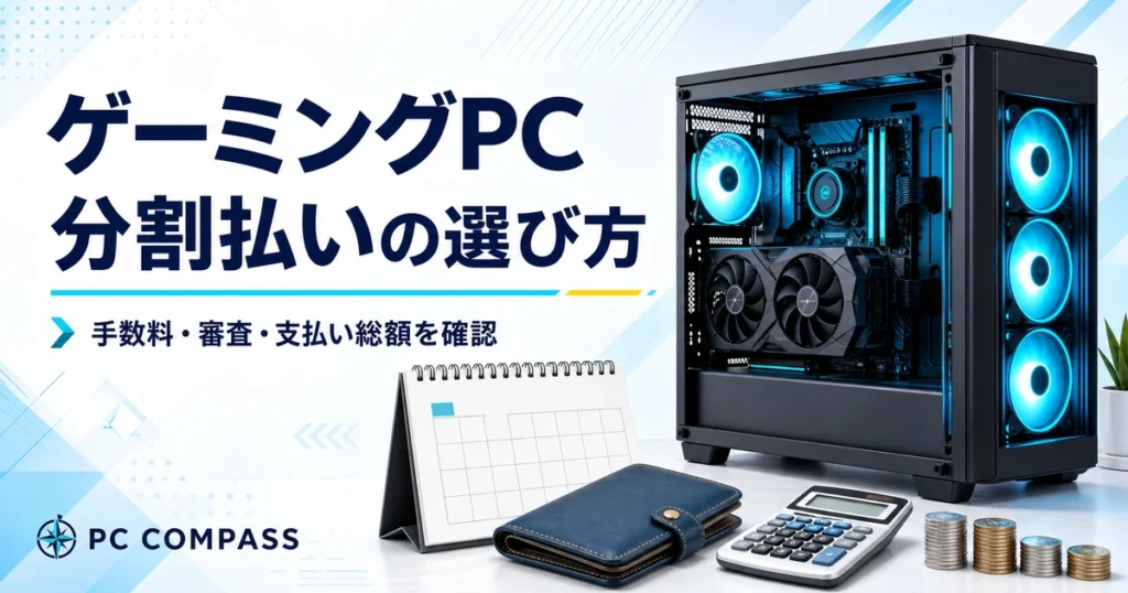 ゲーミングPCとカレンダー・財布・電卓で、分割払いの手数料・審査・支払い総額を確認するイメージ