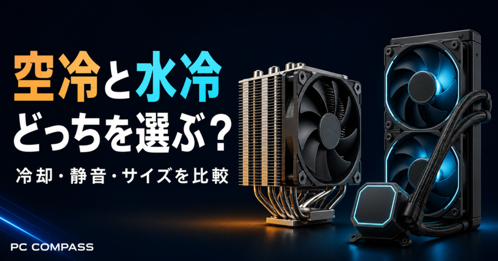 タワー型空冷クーラーと簡易水冷ラジエーターを比較するイメージ
